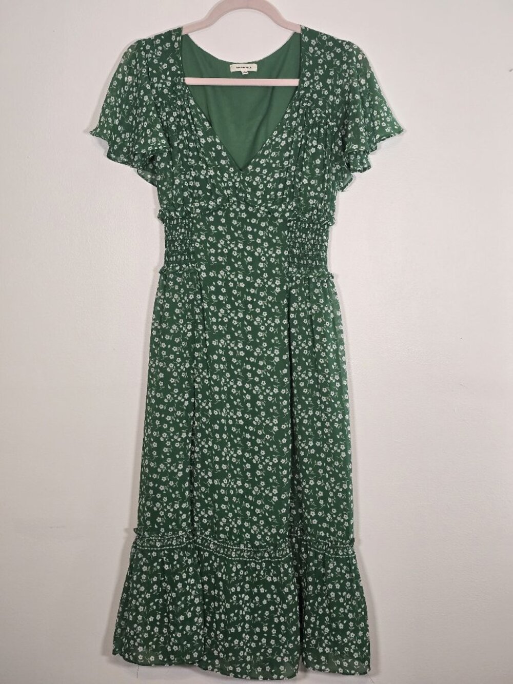 Max Studio Green Floral Midi Dress Flutter Sleeves Smocked Waist Size S